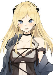 Rule 34 | 1girl, absurdres, aratake, black choker, black dress, blonde hair, blue eyes, blue jacket, blush, breasts, choker, cleavage, clothes pull, collarbone, dress, earrings, girls&#039; frontline, highres, jacket, jacket pull, jewelry, k5 (girls&#039; frontline), long hair, looking at viewer, medium breasts, open clothes, open jacket, open mouth, smile, solo, upper body, white background