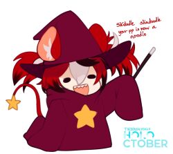 Rule 34 | 1girl, :d, animal ear fluff, animal ears, artist name, black hair, english text, hakos baelz, holding, holding wand, hololive, hololive english, long hair, long sleeves, meme, mouse ears, multicolored hair, open mouth, red hair, red headwear, red robe, robe, skidadle skadoodle (meme), sleeves past fingers, sleeves past wrists, smile, solo, star (symbol), star print, teeth, twintails, upper teeth only, virtual youtuber, wand, white hair, yoako
