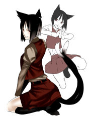 Rule 34 | 1girl, animal ears, black hair, cat ears, cat girl, cat tail, chen, earrings, female focus, highres, jewelry, jumping, kneeling, mouth hold, multiple tails, aged up, onigunsou, own hands together, red eyes, socks, solo, tail, touhou