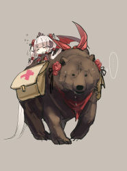 Rule 34 | ..., 1girl, = =, bag, bandana, bear, blunt bangs, commentary request, copyright request, cross, flower, grey background, hair flower, hair ornament, highres, horns, long hair, parted lips, pixiv fantasia, red cross, red flower, red rose, rella, rose, simple background, sleeping, solo, spoken ellipsis, thought bubble, white hair, wings