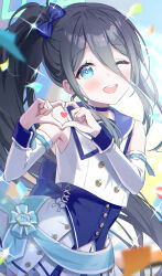 Rule 34 | 1girl, absurdly long hair, absurdres, aris (blue archive), bare shoulders, black hair, blue archive, blue bow, blue choker, blue eyes, blush, bow, choker, cowboy shot, detached sleeves, hair bow, heart, heart hands, highres, long hair, looking at viewer, momomoi momoi, one eye closed, open mouth, smile, solo, sparkle, teeth, upper teeth only, very long hair