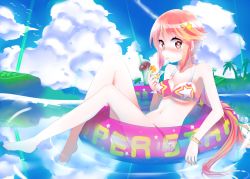 Rule 34 | 1girl, bad id, bad pixiv id, barefoot, beach, bikini, blush, bracelet, breasts, cleavage, cloud, cloudy sky, cocktail glass, cup, daefny, day, drink, drinking, drinking glass, drinking straw, earrings, food, fruit, hair ornament, heart, heart-shaped pupils, highres, innertube, jewelry, long hair, lucia, lucia (pangya), medium breasts, nail polish, navel, nose blush, ocean, orange (fruit), orange slice, outdoors, palm tree, pangya, pink eyes, pink hair, ponytail, side-tie bikini bottom, sitting, sitting on object, sky, solo, star (symbol), swim ring, swimsuit, symbol-shaped pupils, toenail polish, toenails, tree, very long hair, water