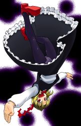 Rule 34 | 1girl, blonde hair, crotch seam, embodiment of scarlet devil, female focus, hair ribbon, kagehito, latex, mary janes, outstretched arms, panties, panties under pantyhose, pantyhose, red eyes, ribbon, rumia, shoes, short hair, solo, spread arms, touhou, underwear