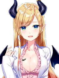 Rule 34 | 1girl, :d, bat tattoo, blonde hair, blouse, blush, breast tattoo, breasts, cleavage, coat, collarbone, commentary request, demon girl, demon horns, demon wings, frilled shirt, frills, green eyes, hand up, hololive, horns, large breasts, long hair, long sleeves, looking at viewer, masuishi kinoto, official art, open clothes, open coat, open mouth, pink shirt, pointy ears, shirt, sidelocks, simple background, sleeves past wrists, smile, solo, straight-on, swept bangs, tattoo, upper body, virtual youtuber, white background, white coat, wing collar, wings, yuzuki choco, yuzuki choco (1st costume)