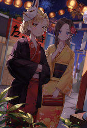 Rule 34 | 2girls, :|, backlighting, bang dream!, black hair, blue eyes, blush, clenched hand, closed mouth, earrings, festival, fireworks, floral print, flower, food stand, fox mask, hair flower, hair ornament, hands in opposite sleeves, holding, japanese clothes, jewelry, kanzashi, kimono, kongya, lantern, long sleeves, looking at viewer, mask, mask on head, multiple girls, night, no bangs, obi, outdoors, paper lantern, parted bangs, parted hair, raise a suilen, red kimono, sash, sato masuki, seigaiha, smile, standing, wakana rei, wide sleeves, yellow eyes, yellow kimono, yukata