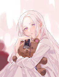 Rule 34 | 1girl, can, dress, edelgard von hresvelg, fire emblem, fire emblem: three houses, hair intakes, half-closed eyes, highres, holding, holding can, holding stuffed toy, long hair, long sleeves, mo (ine mao), nintendo, open mouth, purple eyes, purple ribbon, ribbon, silver hair, sitting, solo, stuffed animal, stuffed toy, teddy bear, very long hair, white dress