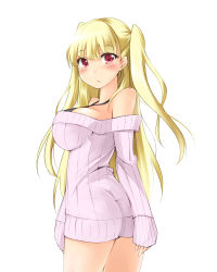 Rule 34 | 1girl, ass, bare shoulders, blonde hair, blush, bra, breasts, female focus, highres, kaminagi (kaminagi-tei), large breasts, long hair, long sleeves, looking at viewer, off shoulder, open mouth, pantylines, red eyes, ribbed sweater, solo, standing, sweater, thighs, tokyo 7th sisters, twintails, uesugi u. kyouko, underwear