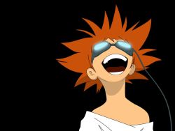 Rule 34 | 1990s (style), 1girl, androgynous, black background, black theme, child, cowboy bebop, edward wong hau pepelu tivrusky iv, female focus, glowing, goggles, happy, highres, messy hair, open mouth, orange hair, reverse trap, solo, wallpaper