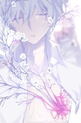 Rule 34 | 1boy, blurry, blurry background, byuey, chinese commentary, closed eyes, collared shirt, commentary, dress shirt, flower, hair between eyes, limited palette, long bangs, male focus, original, parted lips, shirt, solo, upper body, white flower, white hair, white shirt, wislan (byuey)