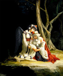 Rule 34 | 2girls, amibazh, black hair, black wings, chinese commentary, christ at gethsemane (bloch), closed eyes, commentary, detached sleeves, feathered wings, fine art parody, hand on another&#039;s head, hat, holding another&#039;s arm, interlocked fingers, inubashiri momiji, kneeling, kourindou tengu costume, multiple girls, night, own hands clasped, own hands together, parody, pom pom (clothes), praying, shameimaru aya, short hair, tokin hat, touhou, tree, white hair, wide sleeves, wings