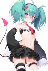 Rule 34 | 1girl, ahoge, aqua hair, armpits, bandeau, bare shoulders, black skirt, black thighhighs, blush, breasts, byulzzi, closed mouth, demon tail, detached collar, detached sleeves, flat chest, frilled sleeves, frills, frown, hair ornament, layered skirt, long sleeves, midriff, mini wings, miniskirt, navel, necktie, original, red eyes, revealing clothes, simple background, single thighhigh, skindentation, skirt, sleeves past fingers, sleeves past wrists, small breasts, solo, stomach, strapless, striped clothes, striped thighhighs, tail, thigh strap, thighhighs, thighs, tube top, twintails, v-shaped eyebrows, white background, wide sleeves, wings