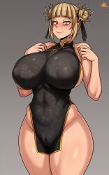 Rule 34 | 1girl, absurdres, bare shoulders, blonde hair, boku no hero academia, breasts, cameltoe, china dress, chinese clothes, cleft of venus, covered erect nipples, curvy, dress, groin, highres, huge breasts, jmg, navel, thick thighs, thighs, toga himiko, wide hips, yellow eyes
