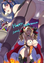 Rule 34 | 2021, 2girls, artist request, ass, ass focus, blonde hair, blue hair, boots, breasts, candy, cleavage, cosplay, costume, covered navel, curvy, dated, demon girl, fake wings, food, halloween costume, highleg, highleg leotard, huge breasts, leotard, long hair, looking at viewer, looking back, multiple girls, official alternate costume, onizaki kirara, open mouth, panties, ponytail, red eyes, revealing clothes, shiny skin, smile, taimanin (series), taimanin rpgx, thong leotard, twintails, underwear, white panties, wings, yatsu murasaki