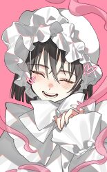 1girl aged_down alien_stage black_hair bonnet closed_eyes commentary drawn_heart english_commentary frilled_bonnet frilled_sleeves frills highres lai_dou_laile_555 long_sleeves official_alternate_costume open_mouth pink_background short_hair simple_background smile solo sua_(alien_stage)