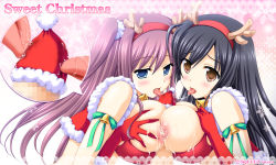 Rule 34 | 2girls, animal costume, antlers, bare shoulders, black hair, blue eyes, blush, breast hold, breast press, breasts, brown eyes, christmas, horns, large breasts, let&#039;s kaitou!, long hair, looking at viewer, multiple girls, nipples, open mouth, purple hair, reindeer antlers, reindeer costume, squeez (artist), symmetrical docking, tongue, tongue out