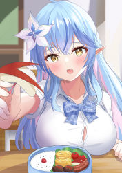 Rule 34 | 1girl, absurdres, ahoge, apple rabbit, bento, blue hair, blush, braid, breasts, colored tips, elf, flower, food, food art, hair between eyes, hair flower, hair ornament, highres, hololive, large breasts, long hair, looking at viewer, multicolored hair, onabe no shime, open mouth, pointy ears, smile, solo, virtual youtuber, yellow eyes, yukihana lamy