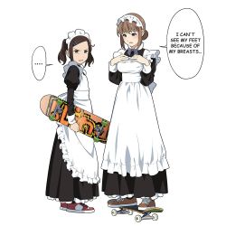 Rule 34 | 2girls, alternate language, annoyed, apron, blue eyes, breast envy, breasts, brown eyes, brown hair, collared shirt, commentary request, dress, english text, flat chest, hair ornament, hairclip, holding, holding skateboard, light brown hair, long sleeves, maid, maid apron, maid headdress, medium breasts, multiple girls, necktie, original, shirt, shoes, sidelocks, simple background, skateboard, sneakers, suzushiro (suzushiro333), translated, white background