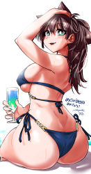 Rule 34 | 1girl, :d, absurdres, amano megumi, amano megumi wa suki darake!, ass, bikini, blue bikini, breasts, bright pupils, brown hair, commentary request, cup, curvy, drink, fang, green eyes, hand in own hair, highres, holding, holding cup, huge ass, large breasts, long hair, looking at viewer, looking back, nekoguchi, open mouth, poolside, shiny skin, side-tie bikini bottom, sideboob, sitting, smile, solo, swimsuit, translation request, water, wet, white background, white pupils, wide hips