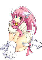 Rule 34 | 1girl, animal ears, animal hands, bell, blue eyes, breasts, cat ears, cat paws, cat tail, dress, highres, jingle bell, kneeling, large breasts, long hair, melody sinclair, pink hair, ponytail, rei shabu, ribbon, simple background, solo, tail, tail ornament, tail ribbon, v arms, white background, yuukyuu gensoukyoku