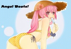 Rule 34 | 10s, 1girl, angel beats!, ass, bad id, bad pixiv id, bent over, bikini, female focus, flower, food, hat, hibiscus, long hair, pink eyes, pink hair, popsicle, solo, straw hat, swimsuit, taruto (taruto827), twintails, yui (angel beats!)