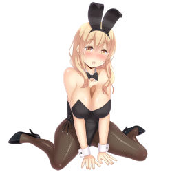 Rule 34 | 1girl, absurdres, animal ears, between breasts, black bow, black bowtie, black leotard, black pantyhose, blonde hair, bow, bowtie, breasts, commentary request, detached collar, fake animal ears, fishnet pantyhose, fishnets, highres, large breasts, leotard, long hair, looking at viewer, pantyhose, playboy bunny, rabbit ears, rabbit girl, sainohikari, sexually suggestive, simple background, sitting, solo, sunohara ayaka, sunoharasou no kanrinin-san, wariza, white background, wrist cuffs