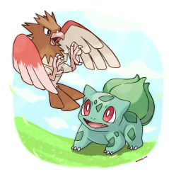 Rule 34 | animal focus, artist name, bad id, bad pixiv id, bird, black eyes, blue sky, border, bulbasaur, claws, creatures (company), day, flying, game freak, gen 1 pokemon, grass, grey outline, highres, looking at viewer, looking up, nintendo, no humans, open mouth, outdoors, outline, pokemon, pokemon (creature), red eyes, rorosuke, sky, spearow, twitter username, white border