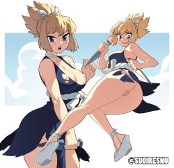 Rule 34 | 1girl, ass, bare arms, blonde hair, blue dress, blue eyes, blush, bottomless, breasts, choker, cleft of venus, commentary, commission, dr. stone, dress, dual wielding, english commentary, full body, highres, holding, knife, kohaku (dr. stone), looking at viewer, medium breasts, multiple views, nervous, nipples, no panties, open mouth, ponytail, sandals, short hair, solo, suoiresnu, thick thighs, thighs, throwing knife, torn clothes, torn dress, twitter username, uncensored, weapon, white choker