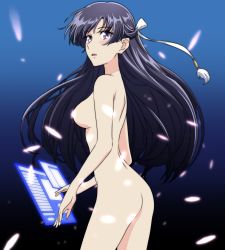 Rule 34 | 1girl, absurdres, ass, black hair, blue background, breasts, censored, cowboy shot, floating hair, from side, gradient background, hair ribbon, highres, huge filesize, kakumeiki valvrave, long hair, looking to the side, medium breasts, nude, open mouth, purple eyes, ribbon, rukino saki, science fiction, small breasts, solo, standing, very long hair, white ribbon