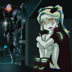 Rule 34 | 1boy, 1girl, adam smasher, anime girl hiding from a terminator (meme), ass, blurry, chromatic aberration, colored sclera, crying, crying with eyes open, cyberpunk (series), cyberpunk 2077, cyberpunk edgerunners, cyborg, depth of field, fetal position, green hair, hiding, highres, meme, parody, rebecca (cyberpunk), red eyes, red sclera, restech r, robot, tears, twintails, under table