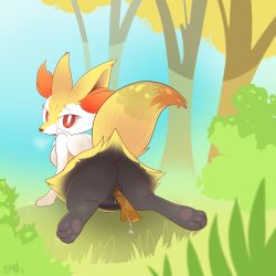 Rule 34 | 1girl, absurdres, animal ear fluff, animal ears, animal feet, animal hands, animal nose, artist name, ass, b-epon, black fur, blush, body fur, braixen, bush, creatures (company), dated, feet, female masturbation, fox ears, fox girl, fox tail, from behind, full body, furry, furry female, game freak, gen 6 pokemon, grass, highres, looking at viewer, looking back, lying, masturbation, multicolored fur, neck fur, nintendo, object insertion, on stomach, open mouth, outdoors, pokemon, pokemon (creature), pussy, pussy juice, red eyes, signature, sky, snout, solo, spread legs, stick, tail, text focus, tree, uncensored, vaginal, vaginal object insertion, white fur, yellow fur