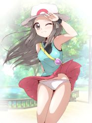 Rule 34 | 1girl, black wristband, blush, breasts, brown eyes, brown hair, bucket hat, closed mouth, commentary request, creatures (company), day, fence, floating hair, frown, game freak, hair flaps, hand up, hat, leaf (pokemon), legs together, long hair, looking at viewer, nintendo, one eye closed, outdoors, panties, pleated skirt, pokemon, pokemon frlg, polka dot, polka dot panties, pond, red skirt, shirt, skirt, sleeveless, sleeveless shirt, solo, split mouth, thigh gap, tree, underwear, water, white hat, wind, wind lift, wristband, yuzukiaz