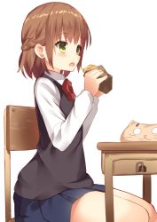Rule 34 | 1girl, animal bag, bad id, bad pixiv id, bag, black sweater, blue skirt, bow, bowtie, braid, bread, brown hair, cat bag, chair, collared shirt, commentary request, desk, fingernails, food, from side, green eyes, holding, holding food, long hair, looking away, melon bread, on chair, open mouth, original, pleated skirt, red bow, red bowtie, school desk, school uniform, shirt, sidelocks, sideways mouth, simple background, sitting, sitting on object, skirt, solo, sweater, sweater vest, tareme, usagino suzu, white background, white shirt