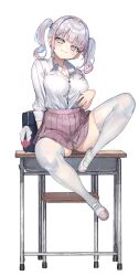 Rule 34 | 1girl, absurdres, bag, chair, closed mouth, collared shirt, commentary request, desk, dress shirt, grey eyes, grey hair, head tilt, highres, looking at viewer, on desk, original, pink skirt, pleated skirt, ranf, school bag, school chair, school desk, school uniform, shirt, shoes, simple background, sitting, skirt, smile, solo, thighhighs, twintails, uwabaki, white background, white footwear, white shirt, white thighhighs