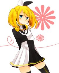 Rule 34 | 1girl, bad id, black thighhighs, blonde hair, blue eyes, child, cowboy shot, cropped jacket, dress, flat chest, headphones, headphones around neck, jacket, kagamine rin, kawahara chisato, looking at viewer, multicolored clothes, multicolored jacket, pleated dress, project diva (series), reactor (module), roshin yuukai (vocaloid), skinny, tagme, thighhighs, twintails, two-tone bow, two-tone dress, two-tone jacket, vocaloid, zettai ryouiki