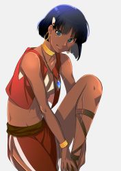 Rule 34 | 1girl, bandeau, blue eyes, bob cut, bracelet, breasts, buna1107, closed mouth, cropped vest, dark-skinned female, dark skin, earrings, fushigi no umi no nadia, hair ornament, hairclip, highres, jewelry, loincloth, looking at viewer, midriff, nadia la arwall, neck ring, necklace, purple hair, red vest, short hair, simple background, smile, solo, strapless, tube top, vest, white background
