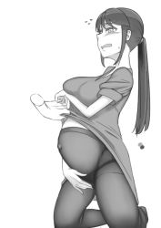 Rule 34 | 1girl, akeggle, arms under breasts, black panties, blush, breasts, clothes lift, disembodied hand, disembodied limb, dress, dress lift, hand on own crotch, kneeling, large breasts, lifting another&#039;s clothes, maternity pantyhose, molestation, monochrome, panties, panties under pantyhose, pantyhose, ponytail, pregnant, short sleeves, sweatdrop, underwear, white background