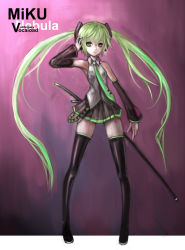 Rule 34 | boots, detached sleeves, girlsay, green eyes, green hair, hatsune miku, long hair, necktie, sheath, skirt, solo, spring onion, thigh boots, thighhighs, twintails, very long hair, vocaloid, zettai ryouiki