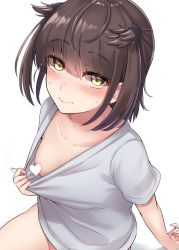 Rule 34 | 1girl, absurdres, blush, brown hair, censored, closed mouth, collarbone, grey shirt, hatsuzuki (kancolle), heart, heart censor, highres, kantai collection, kiritto, shirt, short hair, short sleeves, simple background, smile, solo, white background, yellow eyes
