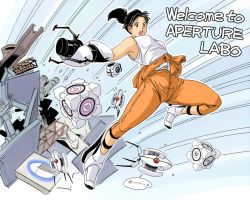 Rule 34 | 1girl, aoino broome, aperture science advanced knee replacement, aperture science handheld portal device, black hair, boots, breasts, chell, clothes around waist, emphasis lines, english text, engrish text, jumpsuit, large breasts, orange jumpsuit, ponytail, portal, portal (series), portal 1, portal 2, ranguage, sleeveless, tank top, sentry turret (portal), aperture science weighted companion cube, wheatley