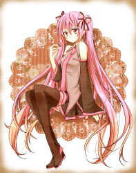 Rule 34 | 1girl, alternate hair color, apollo chocolate, aruhina, boots, bow, detached sleeves, female focus, gradient background, hair bow, hatsune miku, highres, long hair, necktie, pink eyes, pink hair, sitting, skirt, solo, thigh boots, thighhighs, twintails, very long hair, vocaloid, white background