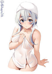 Rule 34 | 1girl, alternate costume, blue eyes, blush, breasts, collarbone, cowboy shot, ebifurya, highres, kamoi (kancolle), kantai collection, looking at viewer, medium breasts, naked towel, open mouth, sidelocks, simple background, solo, steam, thick eyebrows, towel, towel around breasts, towel on head, twitter username, wet, wet towel, white background, white hair