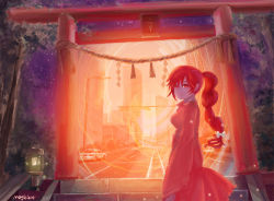 Rule 34 | 1girl, absurdres, artist name, bad id, bad pixiv id, braid, building, car, city, cityscape, glowing, highres, lantern, looking at viewer, mag (huangmag), motor vehicle, okazaki yumemi, ponytail, portal (object), realistic, red eyes, red hair, revision, road, rope, scenery, shimenawa, single braid, sky, skyscraper, solo, stairs, star (sky), starry sky, stone lantern, street, torii, touhou, touhou (pc-98), traffic light, tree, vehicle