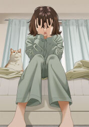Rule 34 | 1girl, barefoot, bed, brown hair, cat, commentary request, covering face, curtains, feet out of frame, green pants, green shirt, hands on own face, hands up, indoors, knees together feet apart, lower teeth only, mattaku mousuke, medium hair, messy hair, on bed, open mouth, original, pants, shadow, shirt, sitting, sleepwear, teeth, twitter username