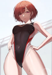 Rule 34 | 1girl, black one-piece swimsuit, breasts, brown hair, cleavage, closed mouth, commentary request, competition swimsuit, cowboy shot, hair ornament, hairclip, hands on own hips, highleg, highleg swimsuit, highres, higuchi madoka, idolmaster, idolmaster shiny colors, looking at viewer, medium breasts, mole, mole under eye, one-piece swimsuit, red eyes, short hair, solo, standing, swimsuit, wet, yoshimoto (carpsukidayo)