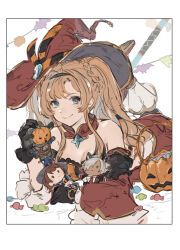 Rule 34 | beatrix (granblue fantasy), beatrix (halloween) (granblue fantasy), blonde hair, bra, character doll, detached collar, detached sleeves, eustace (granblue fantasy), eustace (halloween) (granblue fantasy), food, granblue fantasy, halloween costume, hat, hibana (hibana ztlv), highres, jack-o&#039;-lantern head, orange bra, pumpkin, pumpkin mask, striped bra, striped clothes, sweets, twintails, two-tone bra, underwear, vaseraga, vaseraga (halloween) (granblue fantasy), vertical-striped bra, vertical-striped clothes, witch hat, zeta (granblue fantasy), zeta (halloween) (granblue fantasy)