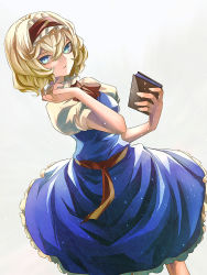 Rule 34 | 1girl, alice margatroid, blonde hair, blue dress, blue eyes, book, dress, eredhen, hairband, looking at viewer, puffy short sleeves, puffy sleeves, sash, shirt, short sleeves, solo, touhou