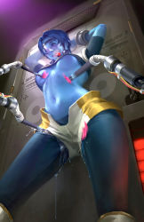 Rule 34 | 1girl, ahegao, arms up, blank eyes, blue hair, blue pantyhose, blue skin, boku no hero academia, breasts, bubble girl (boku no hero academia), colored skin, crop top, cropped shirt, diving mask, dripping, forced orgasm, from below, goggles, highres, machine, medium breasts, midriff, motion blur, navel, no bra, ogai komori, pantyhose, pantyhose under shorts, pussy juice, pussy juice drip, pussy juice drip through clothes, pussy juice stain, pussy juice trail, restrained, shiny skin, short hair, short shorts, short sleeves, shorts, solo, standing, standing restraints, stationary restraints, stomach, sweat, tickle torture, tickling, tickling breasts, tickling pussy, tickling sides, tongue, tongue out, two-tone shorts, underboob, upright restraints, wet, wet clothes, wet shorts
