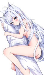 Rule 34 | 1girl, animal ear fluff, animal ear piercing, animal ears, antenna hair, auroraescientia, barefoot, blue eyes, blush, body pillow, breasts, cat ears, cat girl, cat tail, convenient arm, dutch angle, extra ears, hair intakes, highres, holding, holding pillow, long hair, looking at viewer, medium breasts, original, pillow, solo, spiked ear piercing, tail, very long hair, white hair