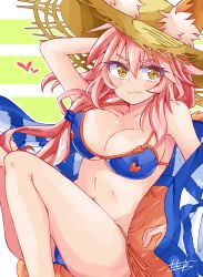 Rule 34 | 10s, 1girl, :3, animal ears, bikini, blue bikini, blush, breasts, cleavage, collarbone, ears through headwear, fang, fate/extra, fate/grand order, fate (series), fox ears, fox tail, hat, heart, highres, himiya jouzu, large breasts, looking at viewer, navel, pink hair, solo, striped, striped background, swimsuit, tail, tamamo (fate), tamamo no mae (fate/extra), tamamo no mae (swimsuit lancer) (fate), tamamo no mae (swimsuit lancer) (second ascension) (fate), yellow eyes