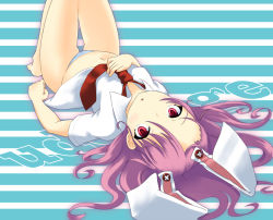 Rule 34 | 1girl, :&lt;, animal ears, bad id, bad pixiv id, barefoot, buttons, dress shirt, female focus, kosmosshuffle, long hair, lying, necktie, no pants, on back, panties, purple hair, rabbit ears, red eyes, red necktie, reisen udongein inaba, shirt, solo, striped clothes, striped panties, touhou, underwear